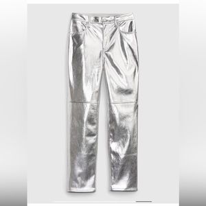 High Rise Faux-Leather Cheeky Straight Silver Pants